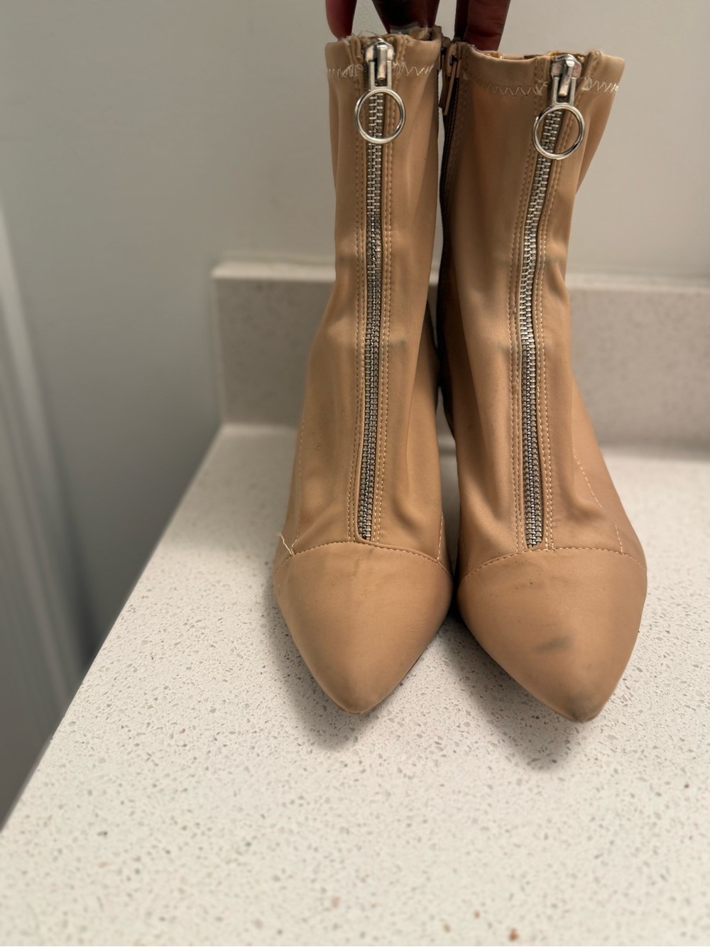 Boohoo Nude Pointed Toe Front-Zip Ankle Booties